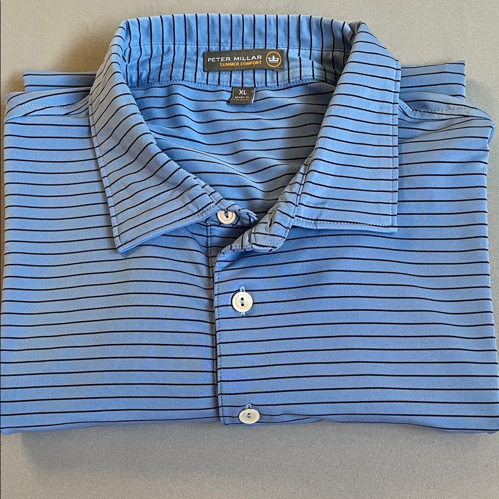 Peter Millar Golf Sky Blue Black Striped Polo Size XL